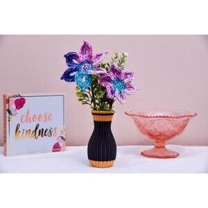 Crochet Flowers and Vase Black and Gold Decorative Floral Arrangement Home Decor